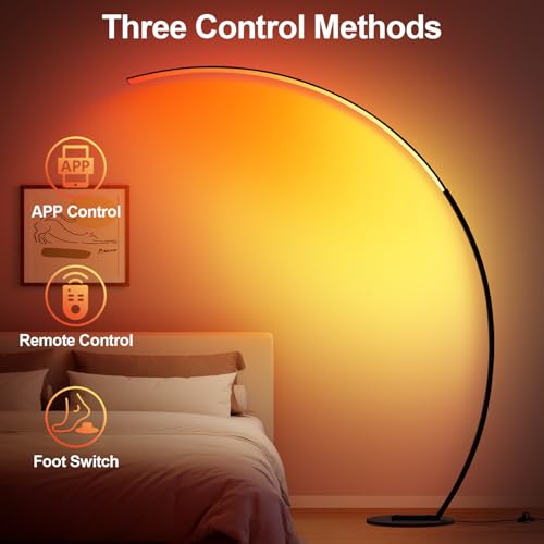 RGB Floor Lamp with 3 Color Temperatures, Ultra Bright 1800LM Smart Arc LED Floor Lamp with Remote Control, Music Sync, Sc...