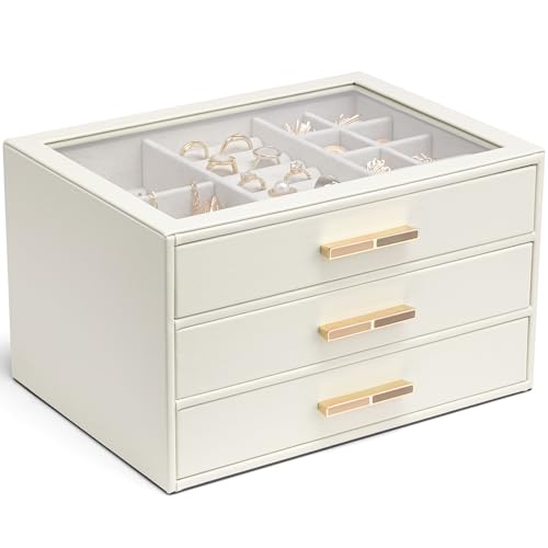 VLANDO Jewelry Box for Women, Glass Lid Jewelry Organizer with 3 Drawers for Necklaces Rings Earrings Bracelets Mother Day...