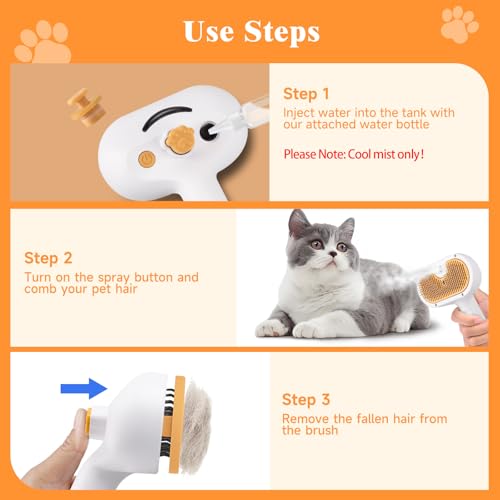 Pet Steam Brush for Dog & Cat – 3-in-1 Spray Hair Removal Comb for Shedding & Grooming, Softens Fur & Reduces Static – Wat...