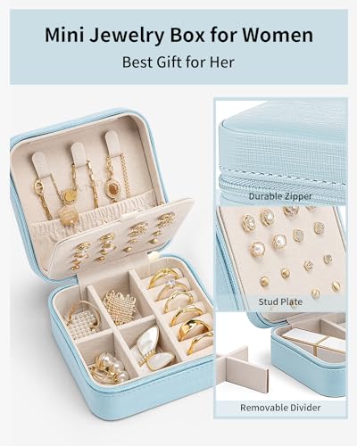VLANDO Mothers Day Mom Gifts - Travel Jewelry Case, Small Travel Jewelry Organizer Box for Girls Women - Blue