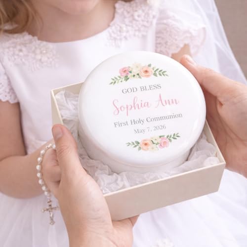 Personalization Universe Pink Porcelain Personalized Floral First Communion Jewelry Box - Customizable with Name, Date & M...