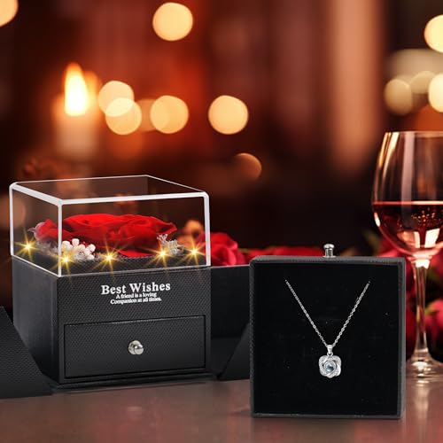 I Love You Necklace 100 Languages, Preserved Rose with Necklace, 925 Sterling Silver Rose Necklace for Women Mom Wife Girl...