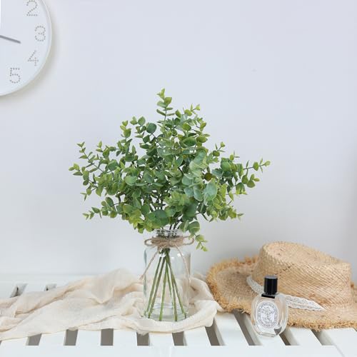 Zheart Fake Eucalyptus Stems in Glass Vase with Faux Water,14" Artificial Plants Eucalyptus Leaves for Shelf Desk Bathroom...