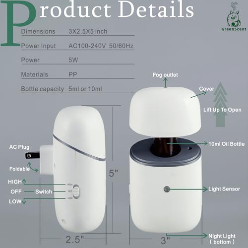 Waterless Essential Oil Diffuser : Plug in Diffuser for Bathroom, Bedroom, Living Room, Kitchen. Daily 12H Timer Intermitt...