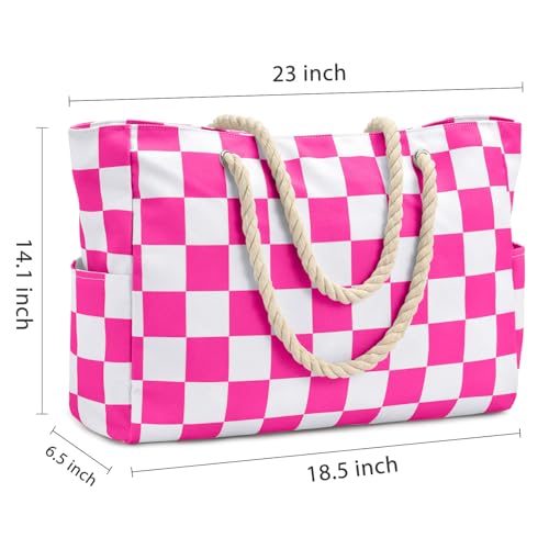 Becokan Beach Bags for Women Checkered Large Beach Tote Bag Zipper Beach Bags Waterproof Sandproof Canvas Swim Pool Bag