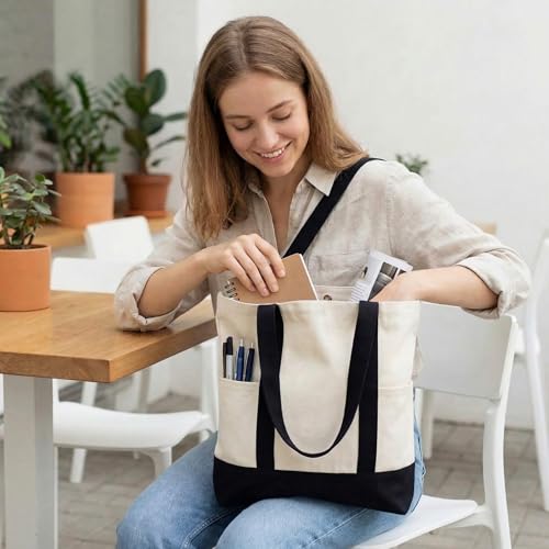 Capoda 8 Pieces 13 x 11 Canvas Tote Bags with 2 Pocket, Bulk Zipper Totes Reusable Blank Sublimation Bags for Shopping Gro...