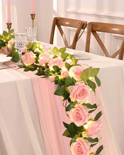 2 Pcs Flower Garland with 19.6 Ft Lights, 13.2 Ft Pink Floral Garland Fake Flowers for Wedding Arch Party Wall Garden Room...