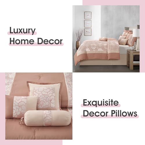 LANCO MODERN LIFESTYLE 7 Piece California King Comforter Set, Blush, Elegant Floral Jacquard, Stylish and Cozy Bedding Col...