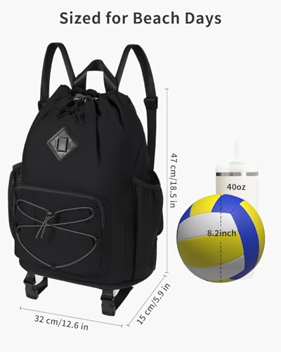WANDF Drawstring Backpack with Removable Wet Pocket, Sandproof Beach Backpack with Bottom Compression Strap for Beach Mat,...