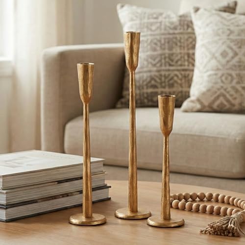 Ganwu Gold Iron Taper Candle Holder Set of 3, Heavy Wrought Iron Candlestick Holders Decorative Candle Stand, Vintage Cand...