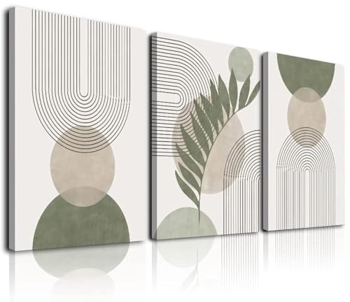 Sage Green Boho Wall Art Set of 3, Minimalist Framed Wall Art Geometric Line Leaf Sun Moon Beige Green Canvas Artwork Pain...