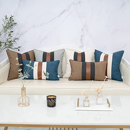 Yangest Patchwork Pillow Cover 18x18 Inch Luxury Cotton and Linen Cushion Cover Faux Leather Pillowcover for Couch Bedroom...