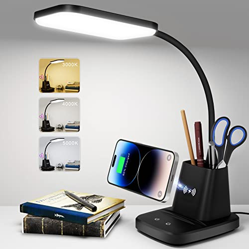 Sailstar Desk Lamp, LED Desk Lamps for Home Office, Wireless Charger Small Desk Lamp with Pen Holder, 3 Color Modes, Dimma...