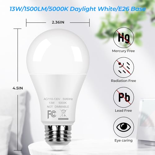 GoBright 12-Pack A19 LED Light Bulbs, 100W Equivalent Bulbs, 13W 5000K Daylight White LED Bulbs with Standard E26 Medium B...