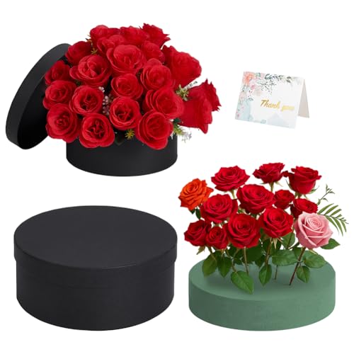 BENECREAT Black Round Gift Box with Lid & Floral Foam Set, 9.2x4.9 Inch Gift Boxes for Flowers for Mother's Day, Valentin...
