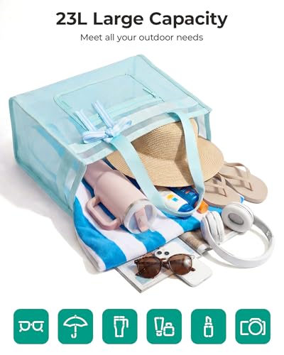 BAGSMART Mesh Beach Bag with Zipper Pocket, Large Beach Tote Bags for Women | for 40 oz Bottle, Removable Ribbon Bow, Sand...