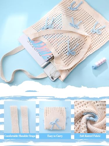 Clysee Crochet Tote Bag for Women Coquette Knit Beach Bag with Bows Preppy Woven Bag Boho Mesh Handbag for Summer Vacation