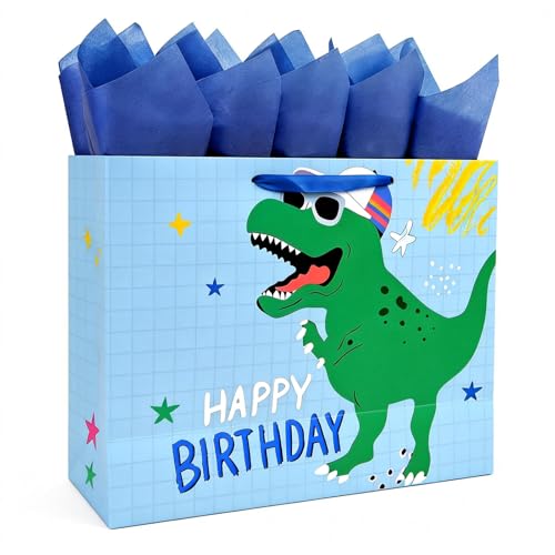 Joliloly 13" Happy Birthday Gift Bag, Dinosaur Print Sturdy Thick Paper Bag for Kids, Reusable Birthday Present Bag with T...