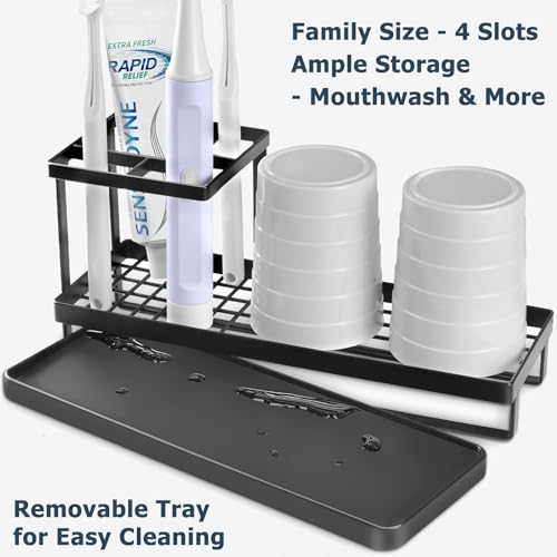 MYITYARD Toothbrush Holders for Bathrooms, 4 Slots Rustproof Metal Tooth Brushing Organizer with Drainage, Electric Tooth ...