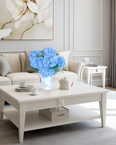 LA.PONEE 6PCS Premium Blue Silk Hydrangea Artificial Flowers Bouquets - Realistic Fake Hydrangea with Stems, Faux Flower A...
