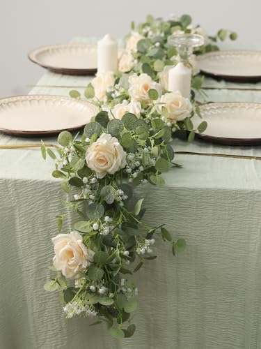 Anna's Whimsy 5.91FT Artificial Eucalyptus Greenery with Flowers, Fake Rose Gypsophila for Wedding Spring Home Party Decor