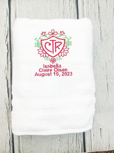 AVTRBoutique LDS Baptism Gift CTR Towel, Personalized Floral Gift Bath Towel Church of Jesus Christ of Latter-Day Saints (...