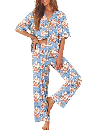 Ekouaer Women Pajamas Set Button Down Sleepwear Short Sleeve Pjs Soft Comfy Nightwear with Long Pants S-XXL