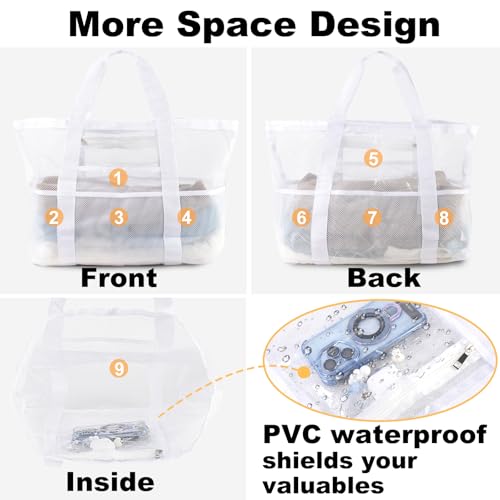 CaCTOUR Mesh Beach Bag,Large Beach Bags for Women with 8 Pockets,Packable Tote Bag for Beach Cruise Pool Vacation Essentials