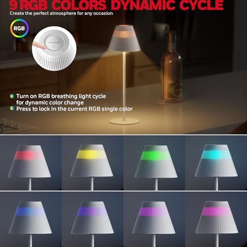 Honeywell M1 Cordless Small Table Lamp Rechargeable, 5200mAh Battery Operated LED Table Lamp, 4 Color 9RGB Stepless Dimmab...