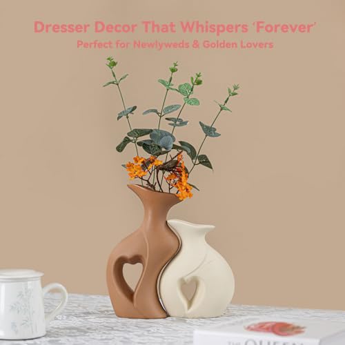 Heart Linked Couple Vase Set - 2-Pcs Beige & Brown Ceramic Vases with Hollow Heart Design, Romantic Gifts for Couples, Wed...