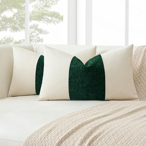 OTOSTAR Set of 2 Cotton Linen Chenille Pillow Covers with Striped Patchwork Modern Minimalist Cushion Covers 12x20 Inch Ge...