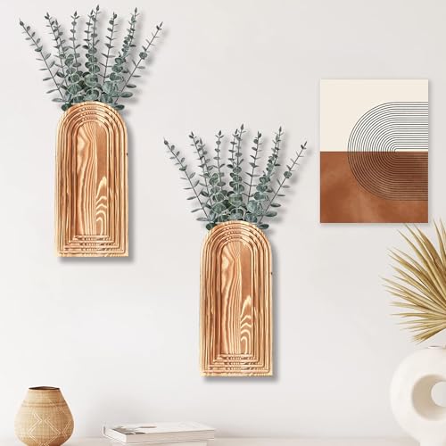 Dnnnii 2 Pack Wooden Wall Vase Set - Brown Finish Modern Farmhouse & Boho Wall Decor for Entryway, Hallway, Bathroom, Livi...