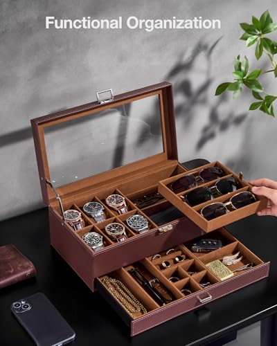 ProCase Mens Jewelry Box, Lockable 6 Slot Watch Case & 3 Slot Sunglasses Organizer, 2-layer Mens Jewelry Organizer Watch B...