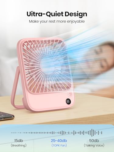 TOPK 2 Pack 5000mAh Portable Desk Fan, Ultra-Thin Rechargeable Battery Operated Fan with Digital Display, Quiet 4-Speed Sm...