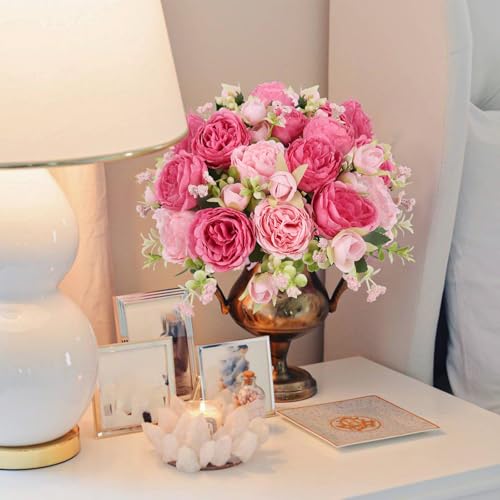 Artificial Peonies Silk Flowers, Pink Faux Peony Bouquet 2 Bundles Florals Arrangements Decor for Farmhouse Home Boho Wedd...