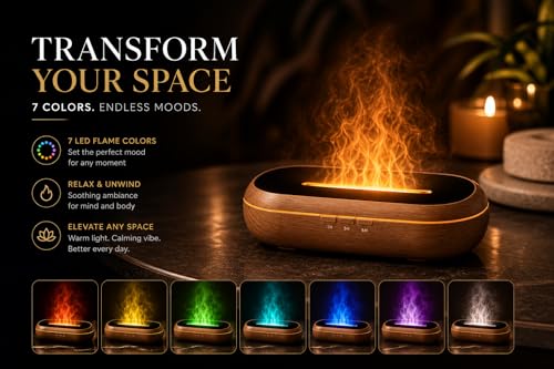 AquaAura Flame Effect Diffuser, 160ml Essential Oil Diffuser with Realistic Flame Mist, 7 LED Colors, Timer & Auto Shut-Of...
