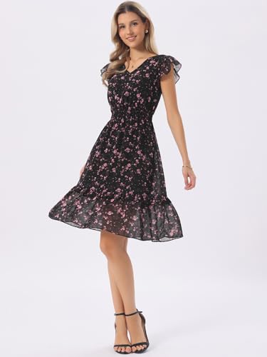 Allegra K Women's Floral Dress Spring Summer V Neck Flutter Sleeve Ruffle Casual Smocked Knee Length Dresses