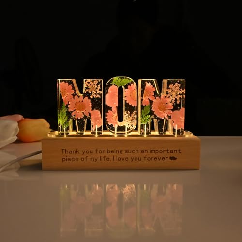 Britrio Gift for Mom Dry Flower Night Light Lamp for Mother's Day Gift from Son Daughter Dried Pressed Flower Letter Led L...
