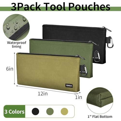 3 Pack Premium Tool Pouches Zipper Bag, Small Tools Bags with Carabiner, Heavy Duty Flat Bottom Utility Multipurpose Stora...
