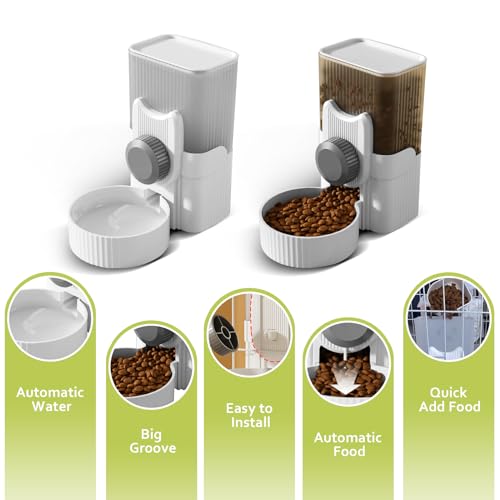 Hanging Cage Automatic Small Pet Food Bowl Water Bottle Dispenser, 1L Auto Gravity Pet Feeder and Waterer Set Kennel Feedi...