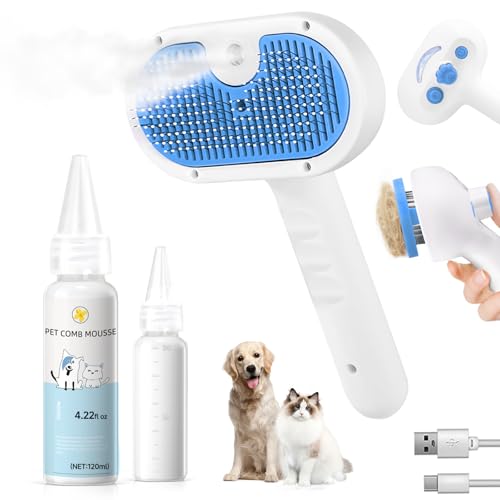 Pet Steam Brush for Dog & Cat - 3-in-1 Steam Grooming Brush for Shedding & Hair Removal - Self Cleaning Spray Comb with Mi...