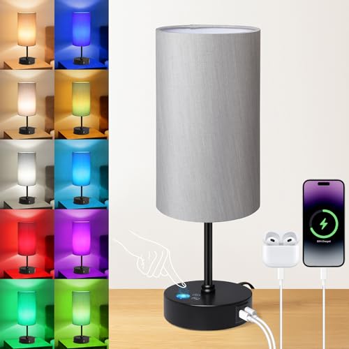 Unicozin Table Lamp for Bedroom, 3 Color Temperatures, 7 RGB Colors, Adjustable Brightness, Dual USB Charging Ports, Ambie...