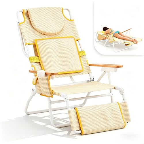 VINGLI Deluxe 3 in1 Beach Chair, Tanning Chair with Face Hole, Reclining Lounge with Foot Rest, Cup Holder and Storage Ba...