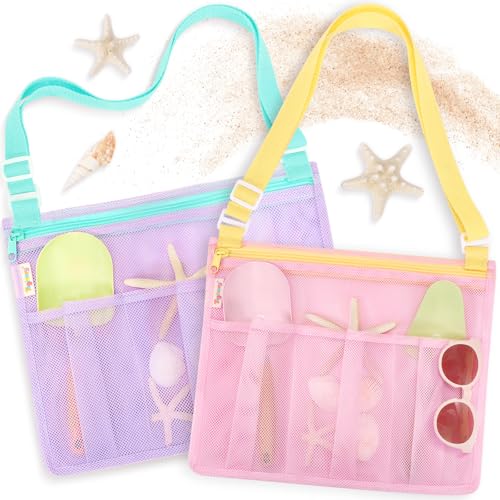 Tagitary Beach Toys Mesh Beach Bags with Zipper, Kids Pool Sand Toys Seashell Crossbody for Boys and Girls Summer Vacation...