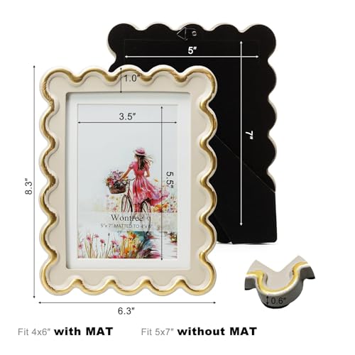Wontree 5x7 Picture Frame in Beige with Shinning Gold Wavy Edge, Resin Frame with Real Glass, Display 5x7 Photos Matted to...