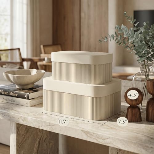Decorative Storage Boxes with Lids – Set of 2 Beautiful Fluted Cardboard Organizer Bins for Your Home Bookshelf Decor to S...