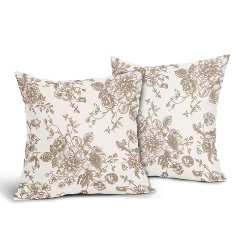 Vintage Floral Pillow Covers 18x18 Inch Set of 2 Tan and Cream Floral Throw Pillow Covers Chinoiserie Flower Pillowcases R...