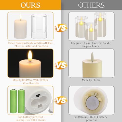 NURADA Flameless Candles with Remote Timer - Glass Real Wax 3D Wick LED Pillar Votive Candle Set Battery Operated Flickeri...