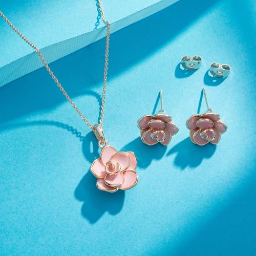 EVEVIC Rose Flower Necklace Earrings Set for Women 18K Gold Plated Hypoallergenic Jewelry Sets