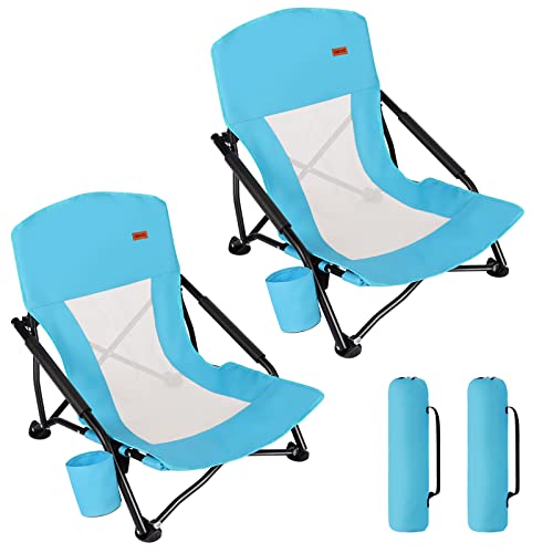 TOBTOS Low Beach Chair for Adults 2 Pack, Low Profile Folding with Cup Holder & Carry Bag, Heavy Duty Chair for Outdoor Sa...